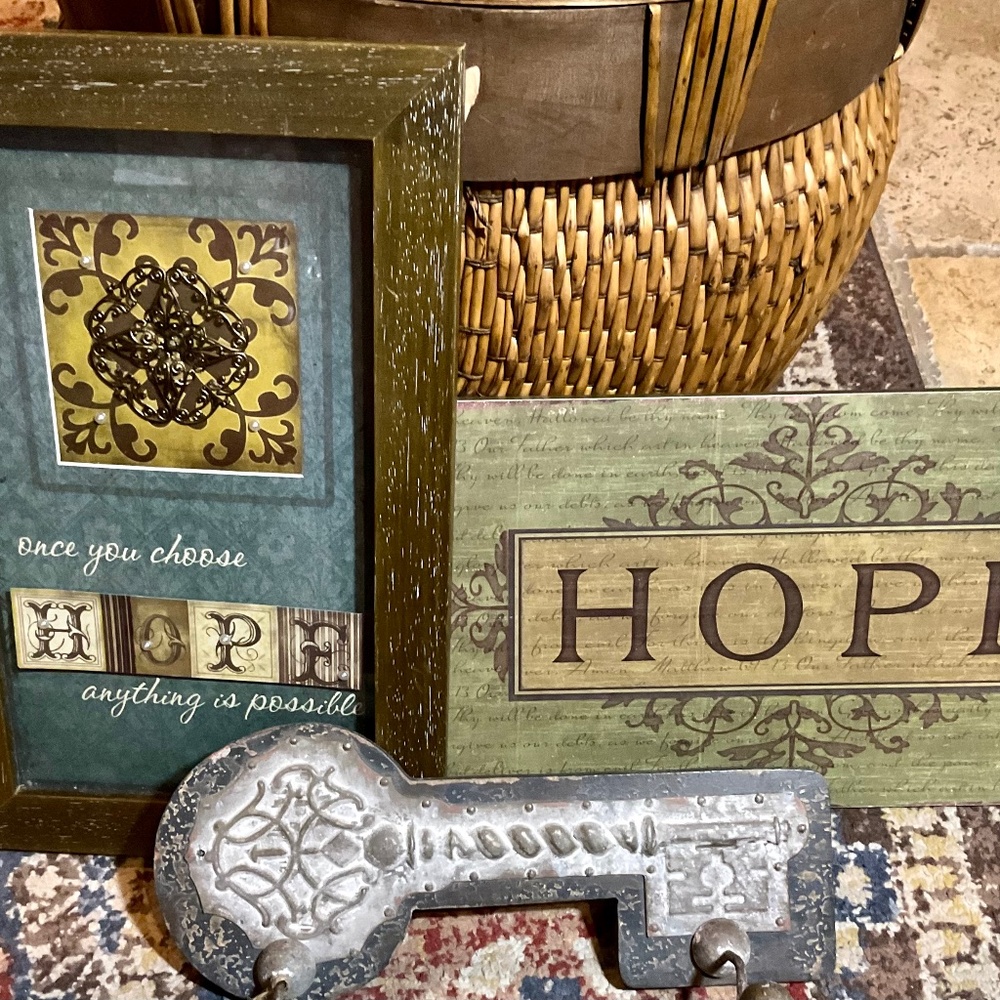Bundle of Decor, plaque, framed art and vintage wall key or coat rack